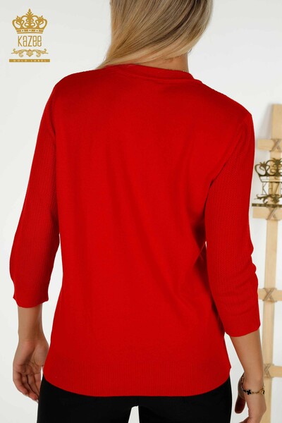 Hurtownia swetrów damskich z dzianiny - Basic - Z Logo - Czerwony - 30258 | KAZEE - Thumbnail