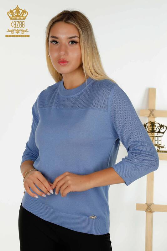 Hurtownia swetrów damskich z dzianiny - Basic - Z Logo - Niebieski - 30258 | KAZEE