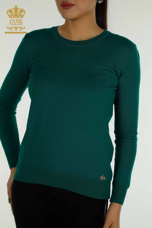 Hurtownia swetrów damskich z dzianiny - Basic - Z Logo - Zielony - 11052 | KAZEE