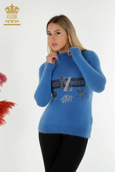 Hurtownia swetrów damskich z dzianiny - Haftowany kamieniami - Angora - niebieski - 18894 | KAZEE - Thumbnail