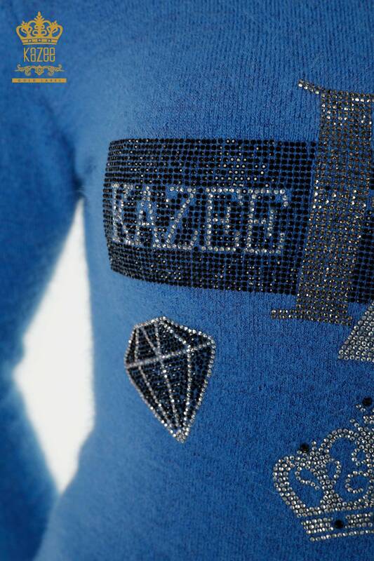 Hurtownia swetrów damskich z dzianiny - Haftowany kamieniami - Angora - niebieski - 18894 | KAZEE