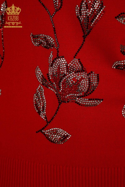 Hurtownia swetrów damskich z dzianiny - Haftowany kamieniami - czerwony - 30471 | KAZEE - Thumbnail