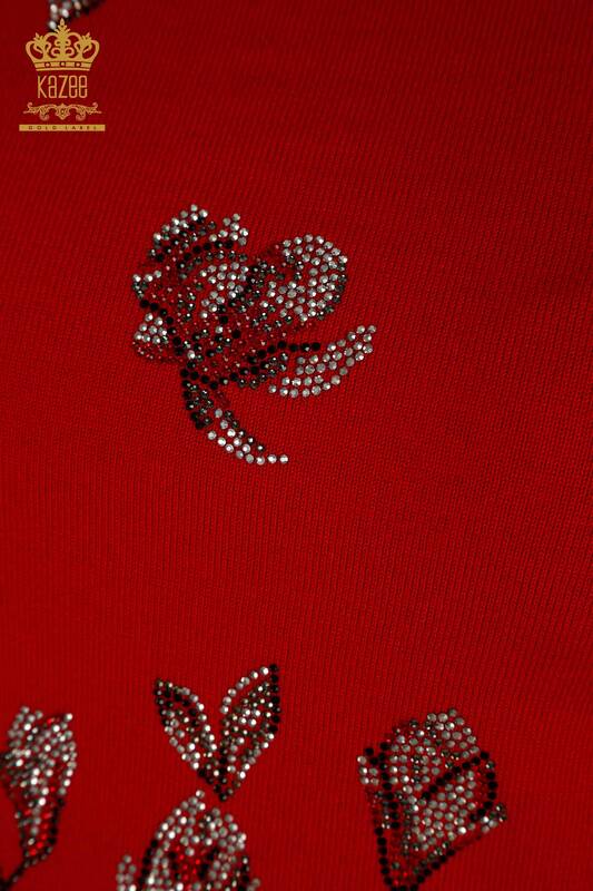 Hurtownia swetrów damskich z dzianiny - Haftowany kamieniami - czerwony - 30471 | KAZEE