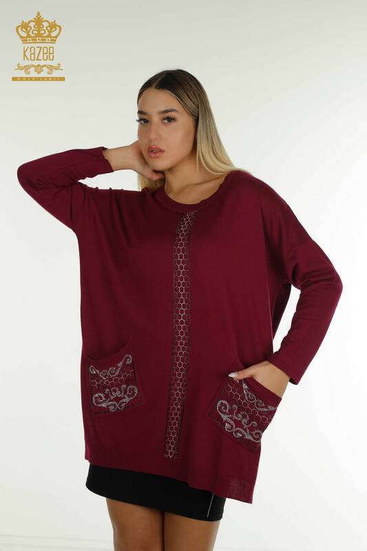Hurtownia swetrów damskich z dzianiny - haftowany kamieniami - liliowy - 30601 | KAZEE