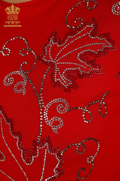 Hurtownia swetrów damskich z dzianiny - Haftowane Liście - czerwony - 30654 | KAZEE - Thumbnail
