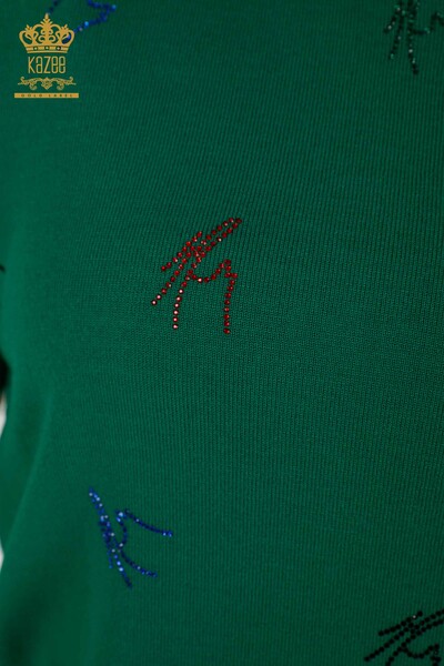 Hurtownia swetrów damskich z dzianiny - Kolorowy Haftowany kamieniami - Zielony - 30327 | KAZEE - Thumbnail