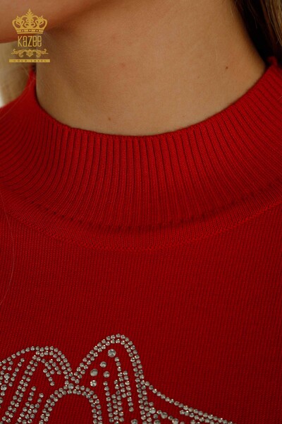 Hurtownia swetrów damskich z dzianiny - Koraliki haftowane kamieniami - czerwony - 30672 | KAZEE - Thumbnail