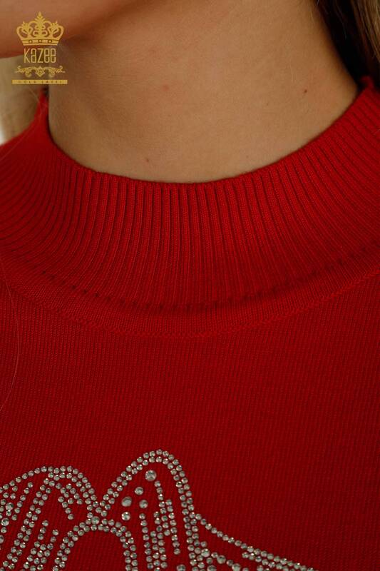 Hurtownia swetrów damskich z dzianiny - Koraliki haftowane kamieniami - czerwony - 30672 | KAZEE