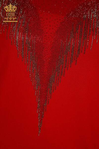Hurtownia swetrów damskich z dzianiny - kryształ - haftowany kamieniami - czerwony - 30330 | KAZEE - Thumbnail