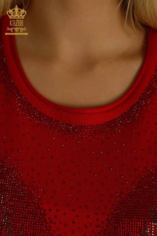 Hurtownia swetrów damskich z dzianiny - kryształ - haftowany kamieniami - czerwony - 30330 | KAZEE