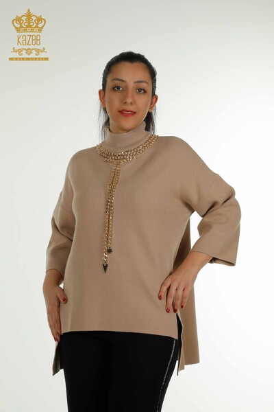 Hurtownia swetrów damskich z dzianiny - łańcuszek szczegółowy - beżowy - 30270 | KAZEE - Thumbnail