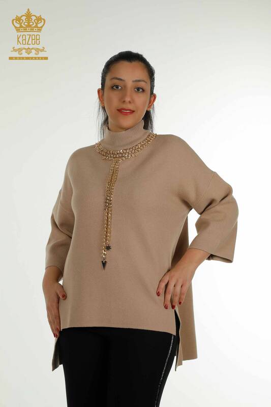Hurtownia swetrów damskich z dzianiny - łańcuszek szczegółowy - beżowy - 30270 | KAZEE