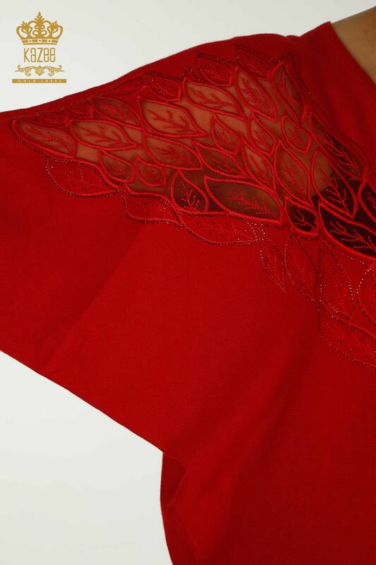 Hurtownia swetrów damskich z dzianiny - Tiul szczegółowy - czerwony - 16942 | KAZEE