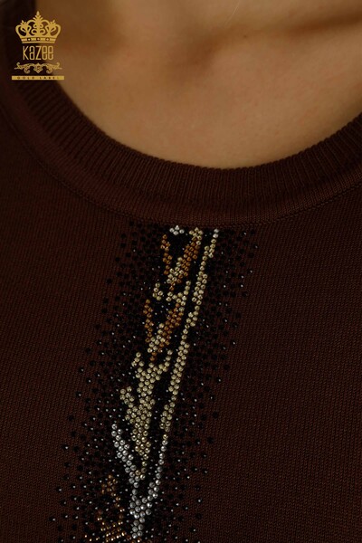 Hurtownia swetrów damskich z dzianiny - W paski haftowane kamieniami - brązowy - 30621 | KAZEE - Thumbnail