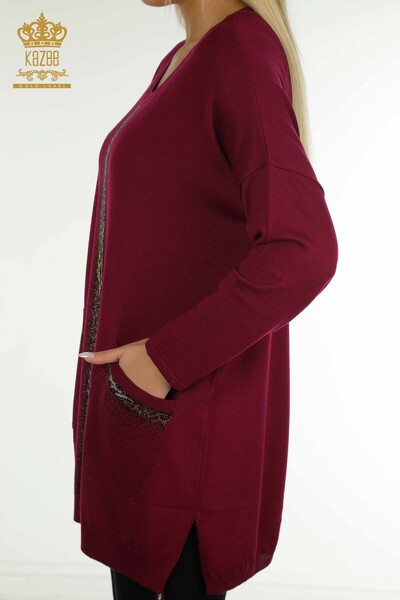 Hurtownia swetrów damskich z dzianiny - Paski haftowane kamieniami - fiolet - 30621 | KAZEE - Thumbnail