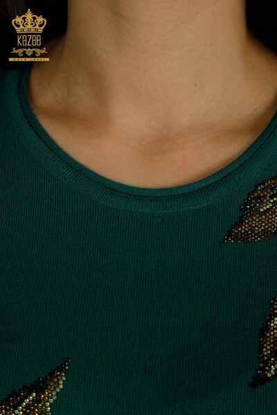 Hurtownia swetrów damskich z dzianiny - Wzór liści - zielony - 30477 | KAZEE - Thumbnail