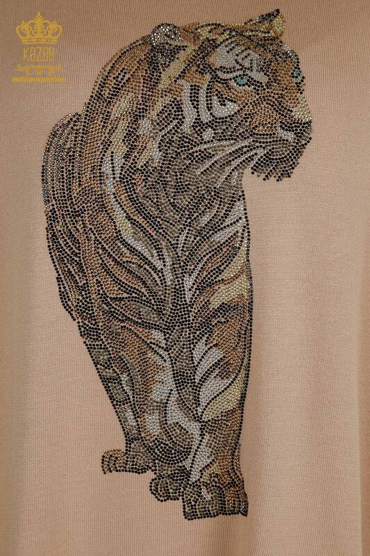 Hurtownia swetrów damskich z dzianiny - wzór tygrysa - pudrowy - 30746 | KAZEE