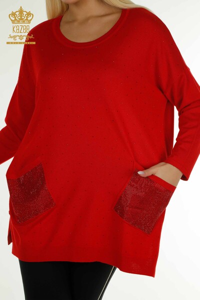 Hurtownia swetrów damskich z dzianiny - Z długim rękawem - Czerwony - 30624 | KAZEE - Thumbnail