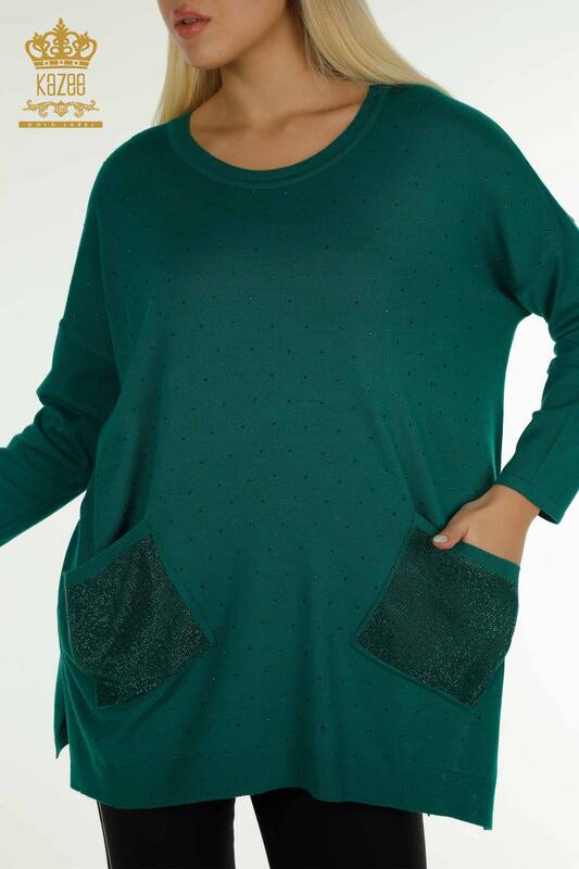 Hurtownia swetrów damskich z dzianiny - z długim rękawem - zielony - 30624 | KAZEE