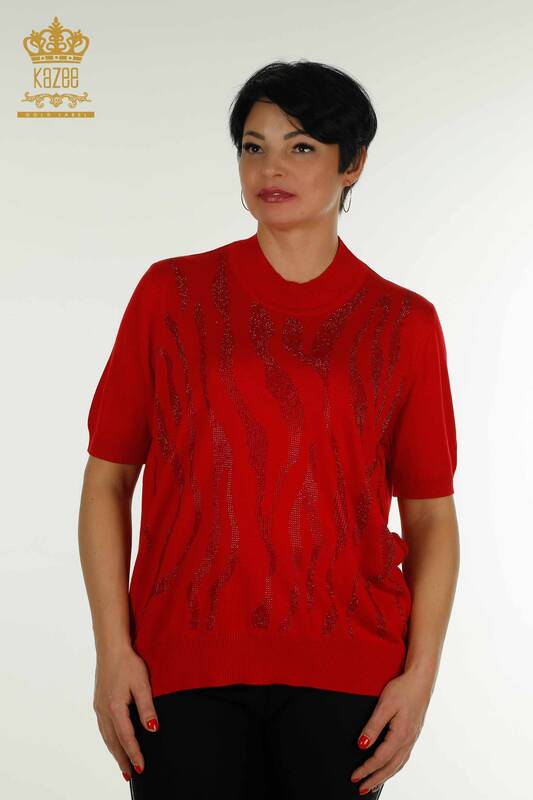 Hurtownia swetrów damskich z dzianiny - stójka - czerwona - 30670 | KAZEE