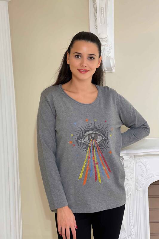 Hurtowy damski sweter z dzianiny z haftowanym kamieniem i kolorowym wzorem - 16047 | KAZEE