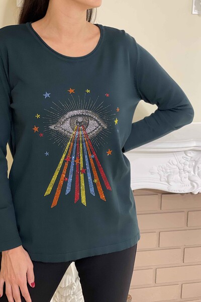 Hurtowy damski sweter z dzianiny z haftowanym kamieniem i kolorowym wzorem - 16047 | KAZEE - Thumbnail