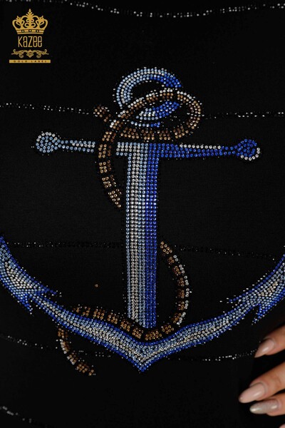 Hurtownia damska bluzki z haftem w kamieniu, z okrągłym dekoltem, czarna - 78970 | KAZEE - Thumbnail