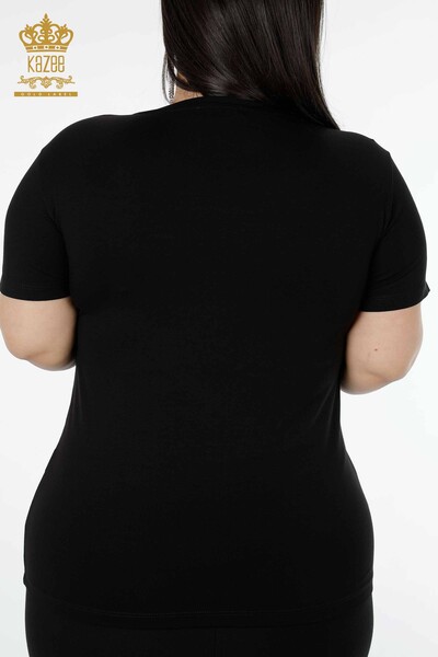 Hurtownia damska bluzki z haftem w kamieniu, z okrągłym dekoltem, czarna - 78970 | KAZEE - Thumbnail