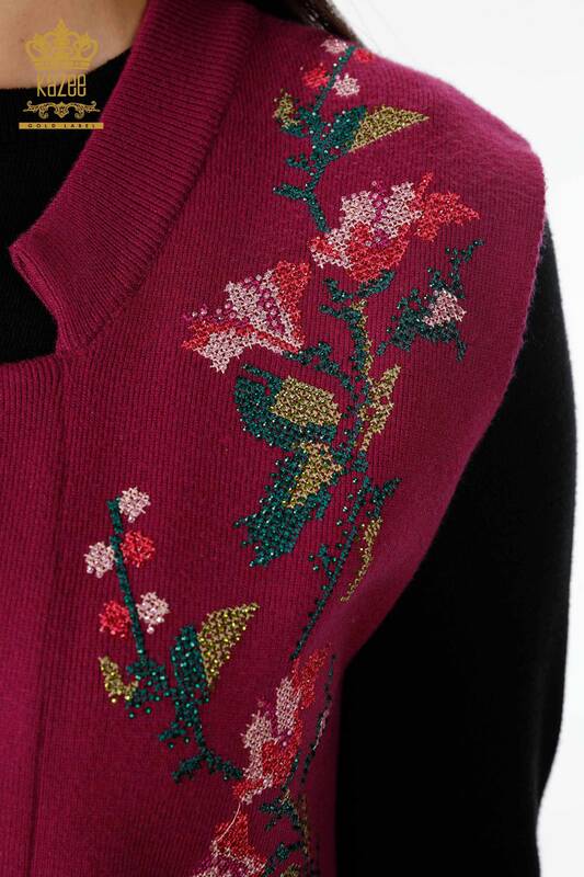 Hurtownia damska dzianinowa kamizelka z kolorową haftowaną kieszenią w kwiaty, długa - 16844 | KAZEE