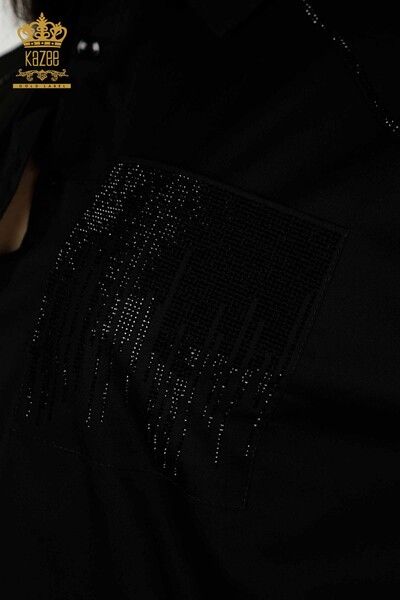 Hurtownia koszul damskich - Kieszeń haftowana kamieniami - czarna - 20346 | KAZEE - Thumbnail