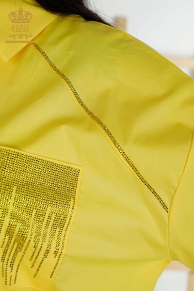 Hurtownia koszul damskich - kieszeń - haftowana kamieniami - żółta - 20346 | KAZEE - Thumbnail