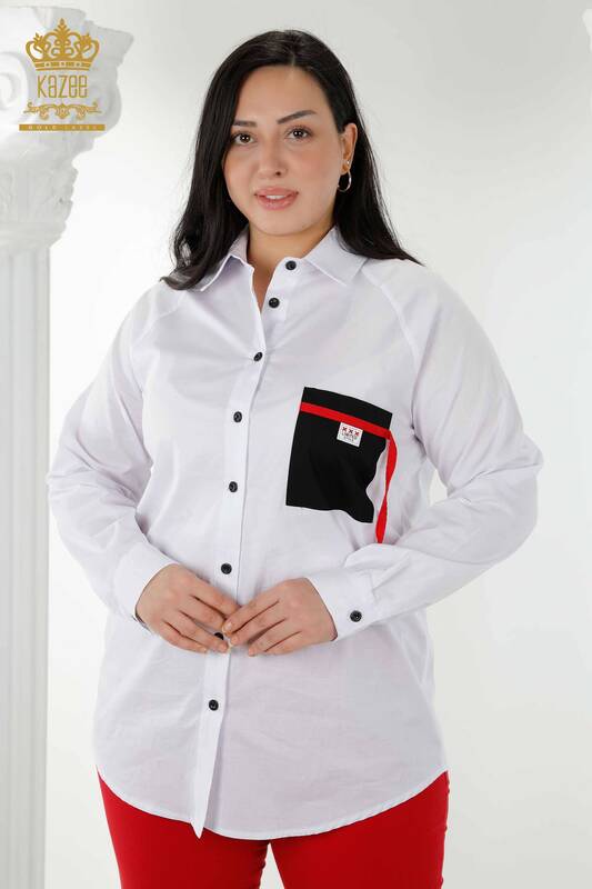 Hurtownia koszul damskich - Szczegółowa kieszeń - biała - 20352 | KAZEE