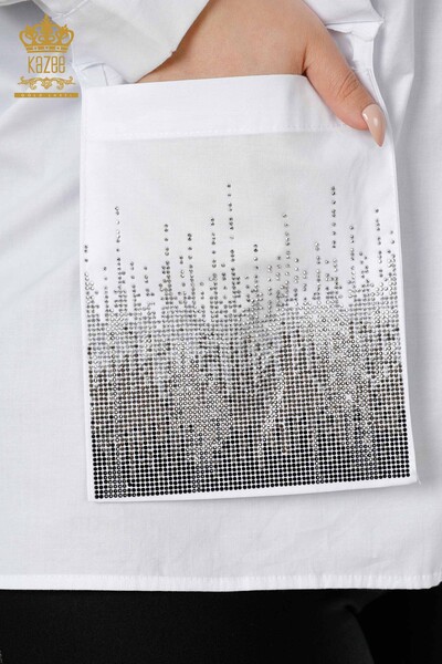 Hurtownia koszul damskich biała z haftem z kryształowymi kamieniami - 20136 | KAZEE - Thumbnail