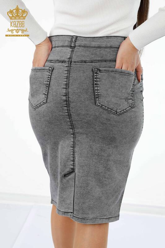 Hurtownia damska spódnica jeansowa Crystal Stone haftowana kieszeń z haftowanym tekstem - 4182 | KAZEE