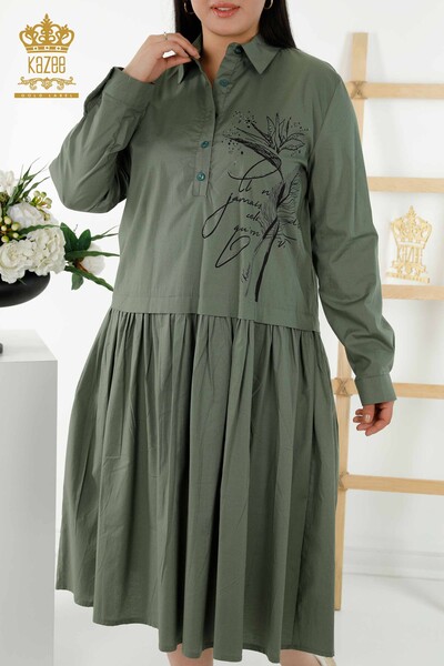 Hurtownia sukienek damskich we wzorzyste guziki szczegółowe Khaki - 20324 | KAZEE - Thumbnail