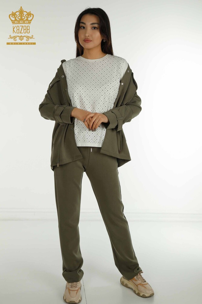 Hurtownia potrójnego kompletu dresów damskich z guzikami szczegółowe Khaki - 17622 | KAZEE - 12