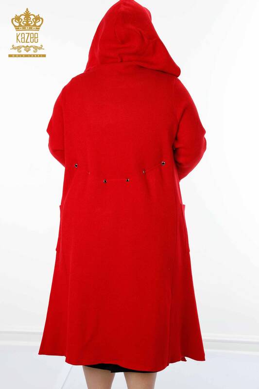 Hurtownia damskiego kardiganu z kapturem, długiego, czerwonego - 19075 | KAZEE
