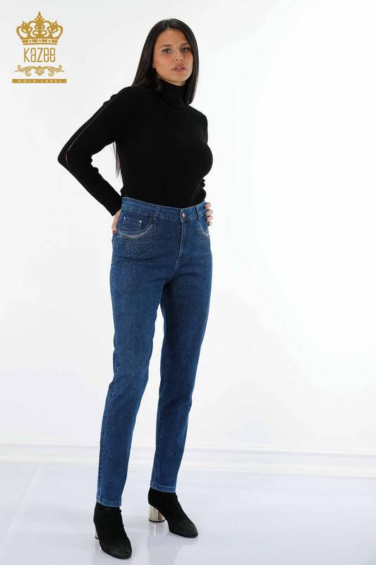 Hurtownia spodni jeansowych damskich Kolorowe kryształowe kamienie haftowane Koton - 3588 | KAZEE