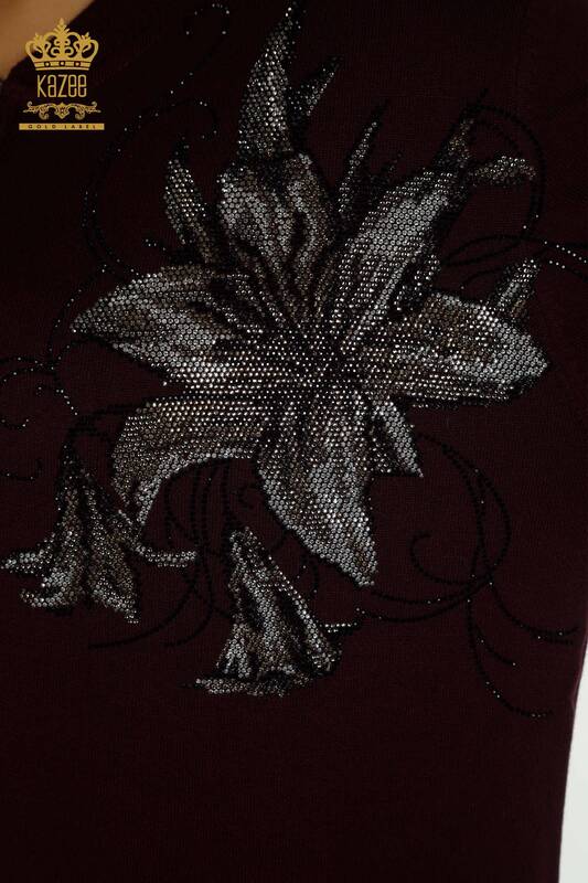 Hurtowy komplet damski dresowy, kwiatowy wzór, zapinany na zamek z kieszeniami, śliwkowy - 16661 | KAZEE