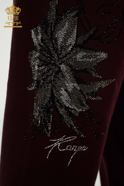 Hurtowy komplet damski dresowy, kwiatowy wzór, zapinany na zamek z kieszeniami, śliwkowy - 16661 | KAZEE - Thumbnail