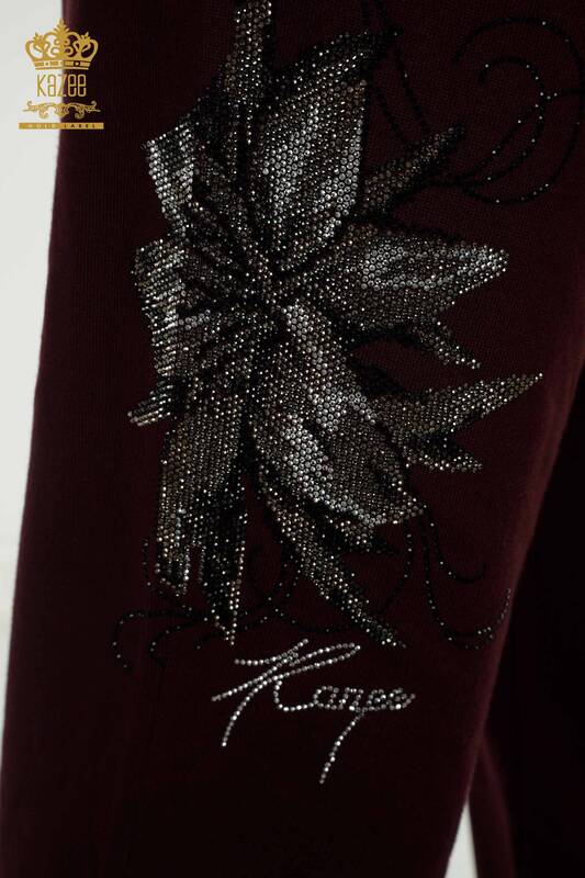 Hurtowy komplet damski dresowy, kwiatowy wzór, zapinany na zamek z kieszeniami, śliwkowy - 16661 | KAZEE