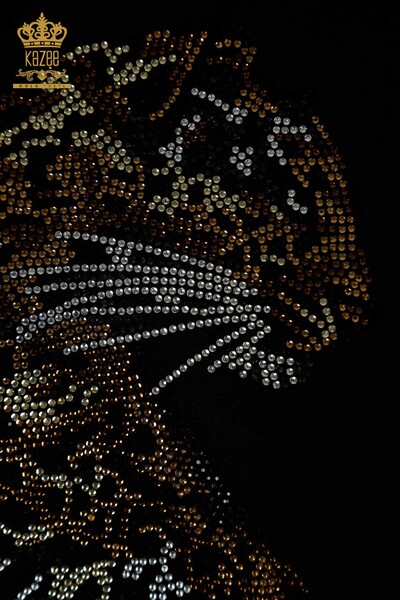 Hurtownia dresów damskich z czarnym haftowanym wzorem w panterkę z kapturem i kamieniem - 17580 | KAZEE - Thumbnail