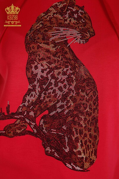 Hurtowy damski komplet dresowy z haftowanym kapturem w panterkę i kamieniem w kolorze fuksji - 17580 | KAZEE - Thumbnail