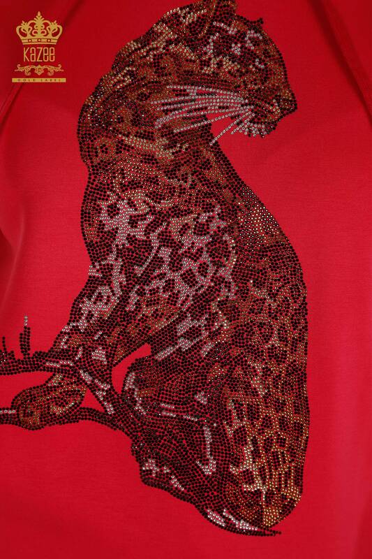 Hurtowy damski komplet dresowy z haftowanym kapturem w panterkę i kamieniem w kolorze fuksji - 17580 | KAZEE
