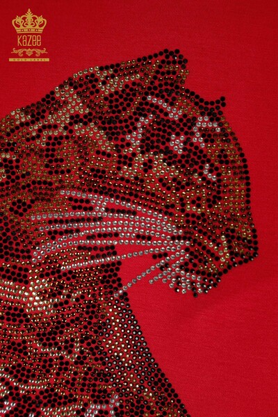 Hurtowy damski komplet dresowy z haftowanym kapturem w panterkę i kamieniem w kolorze fuksji - 17580 | KAZEE - Thumbnail