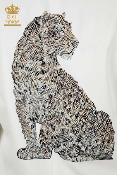 Hurtownia damska klasycznego garnituru w tygrysie wzorzyste guziki z haftowanym kamieniem ecru - 30001 | KAZEE - Thumbnail