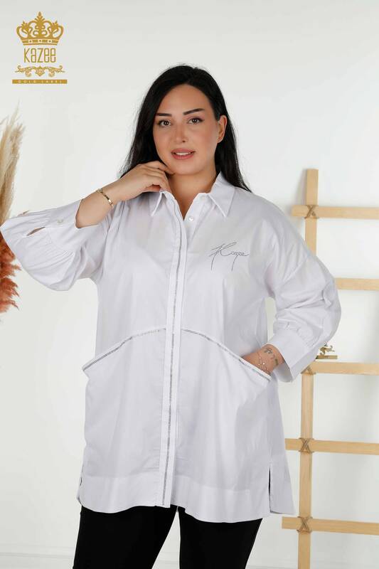 Hurtownia koszul damskich - dwie kieszenie - biała - 20220 | KAZEE