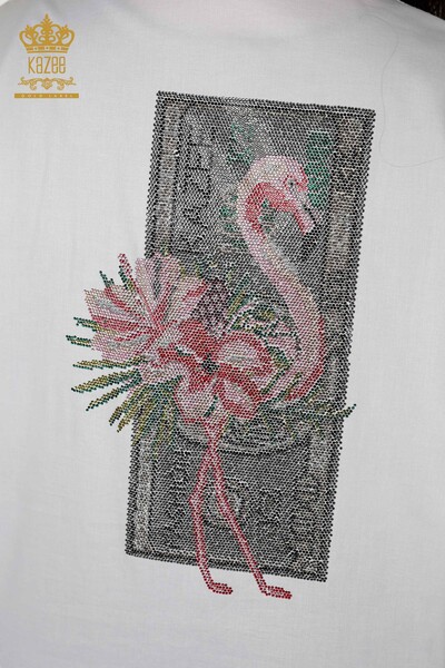 Hurtownia koszul damskich - haftowana kamieniem - biała - 20031 | KAZEE - Thumbnail