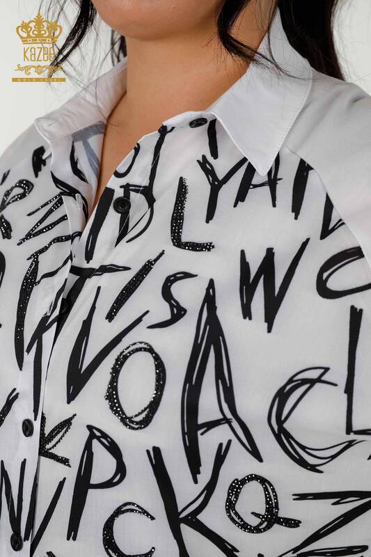 Hurtownia koszul damskich - haftowana kamieniem - biała - 20088 | KAZEE