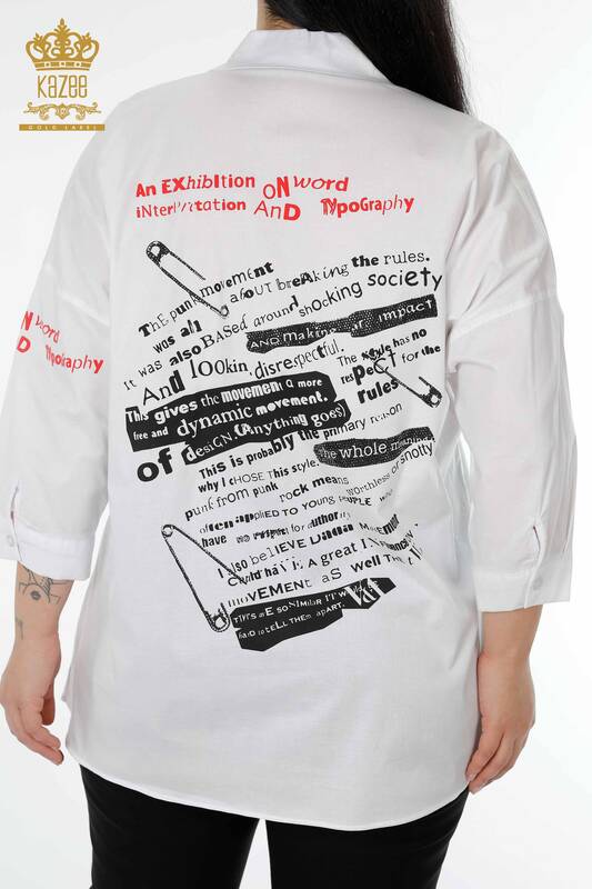 Hurtownia koszul damskich - Haftowana kamieniem - biała - 20095 | KAZEE